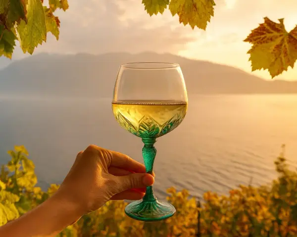 Ein Glas Lugana Wein, dessen Herkunft man schmeckt, vor malerischer Kulisse am See bei Sonnenuntergang.