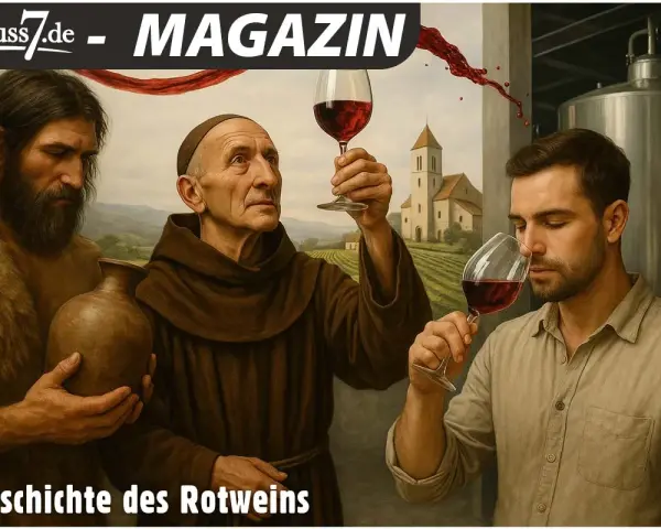 Drei Männer, von der Steinzeit bis heute, verkosten Rotwein. Die Frage "wer hat Wein erfunden" wird hier visuell beleuchtet.