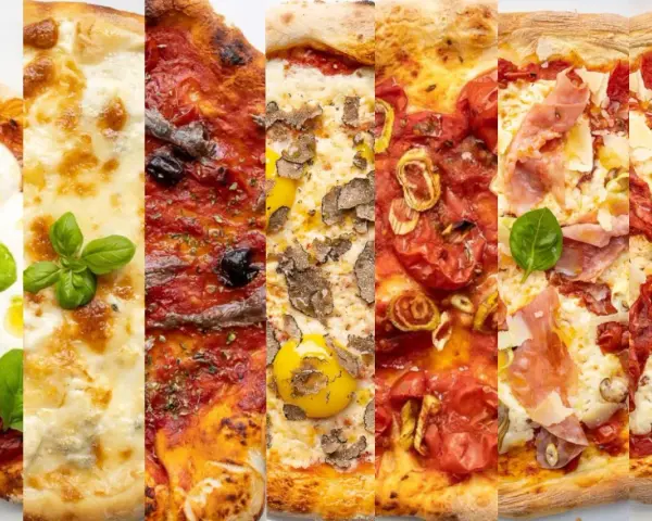 Fünf verschiedene Pizzen mit typisch italienischem Pizzabelag: Mozzarella, Sardellen, Trüffel, Tomaten und Prosciutto.
