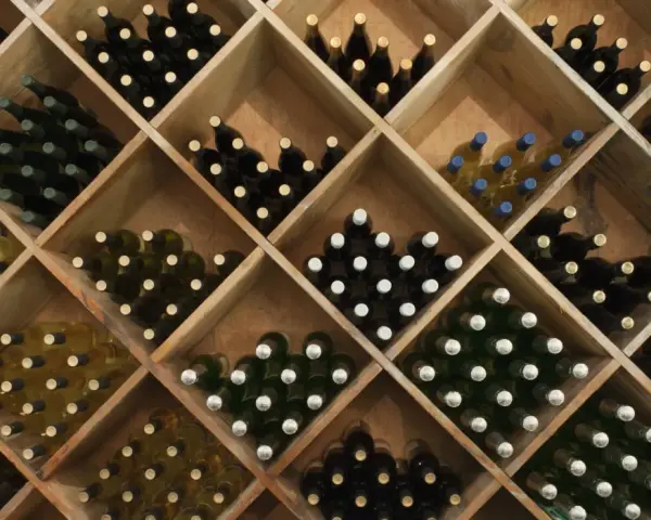 Weinregal mit vielen Flaschen Wein. Die Frage, wie lange kann man Wein lagern, hängt von der Sorte ab.