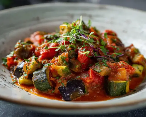 Ein Teller mit geschmorten Auberginen in Tomatensauce, garniert mit frischen Kräutern.