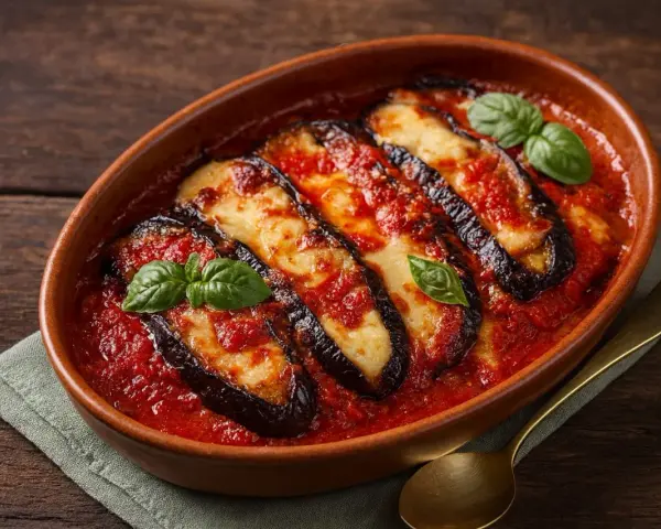 Ein köstlicher Auberginenauflauf mit geschmolzenem Mozzarella und Tomatensauce, garniert mit frischem Basilikum.