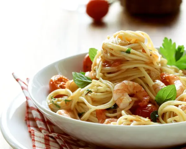 Ein Teller mit köstlichen Spaghetti mit Garnelen, Kirschtomaten und frischem Basilikum, appetitlich angerichtet.