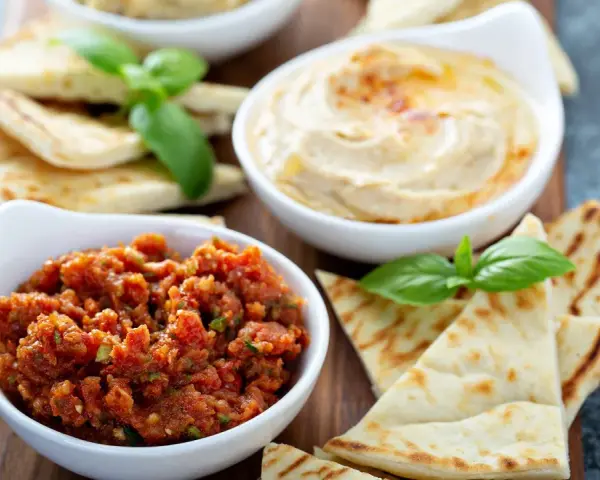 Leckeres Tomatendip Rezept mit Hummus und Fladenbrot. Perfekt zum Dippen und Genießen.