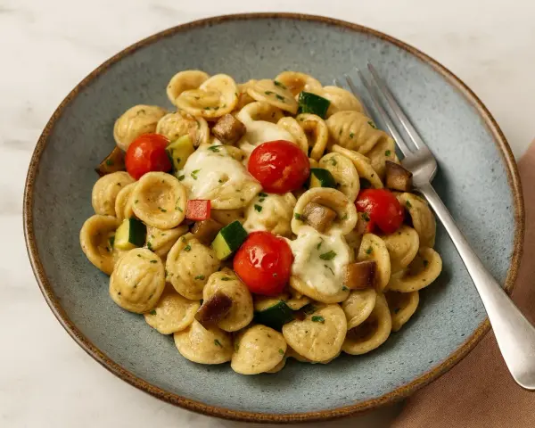 Orecchiette-Nudeln mit Kirschtomaten, Zucchini und geschmolzenem Käse. Die Aussprache von Orecchiette ist "oh-reh-KYET-teh".