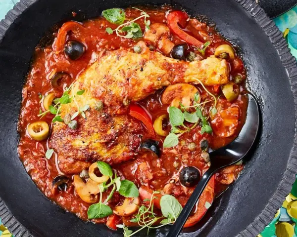 Herzhaftes Pollo Cacciatore in Tomatensauce mit Oliven, Kapern und Pilzen, garniert mit frischen Kräutern.