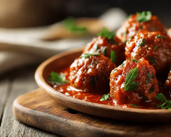 Saftige Polpette in Tomatensauce, garniert mit Petersilie. Ein köstliches polpette rezept, das zum Genießen einlädt.
