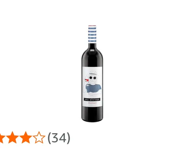 Flasche Rotwein mit dem Etikett "Opa Günther #feinherb". Der Wein hat eine Bewertung von 4,2 Sternen.