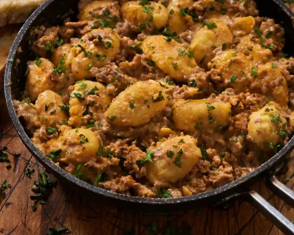Herzhafte Gnocchi Pfanne mit Hackfleisch und Petersilie, serviert in einer Gusseisenpfanne. Dazu geröstetes Brot.