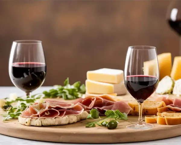 Perfekte Snacks zum Rotwein: Käse, Schinken und Brot auf einem Holzbrett, dazu zwei Gläser Rotwein.