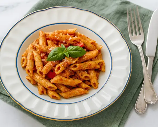 Penne mit cremigem Pesto Rosso, garniert mit Basilikum und Parmesan. Ein köstliches Gericht, das Lust auf mehr macht.