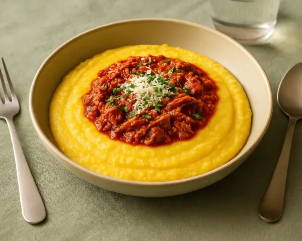 Herzhafte Polenta Taragna mit deftigem Ragout und Parmesan. Ein Genuss für jeden Gaumen.