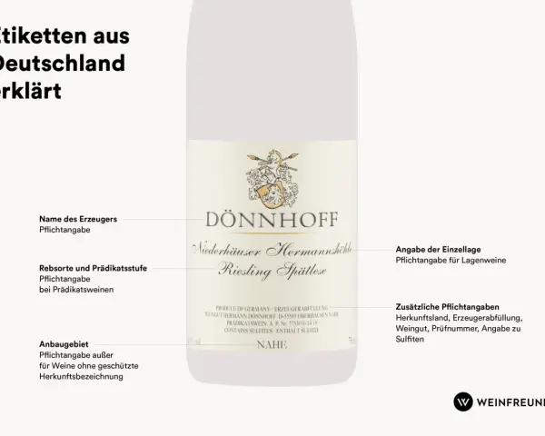 Erklärung deutscher Weinetiketten: DÖNNHOFF Riesling Spätlese, Niederhäuser Hermannshöhle. Hier lernt man, wie man ein Weinetikett lesen kann.