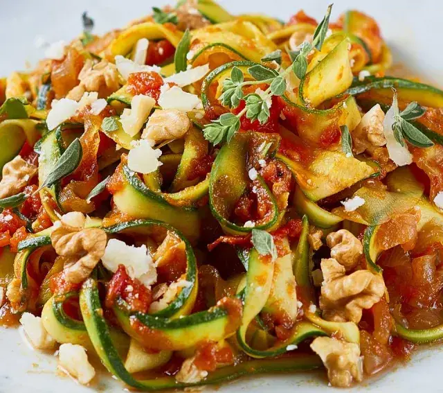 Zucchini-Nudeln mit Tomatensoße, Walnüssen und Parmesan. Ein leichtes Gericht, perfekt für Zucchini Rezepte.