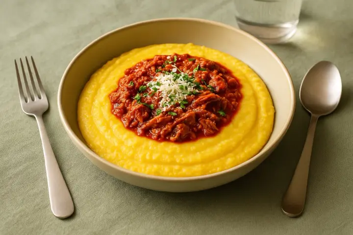Herzhafte Polenta Taragna mit deftigem Ragout und Parmesan. Ein Genuss für jeden Gaumen.