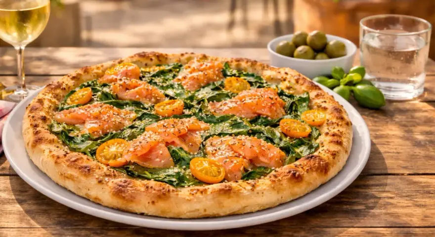 Eine köstliche Pizza mit Lachs und Spinat, garniert mit Kirschtomaten und Sesam. Perfekt für einen leichten Genuss.