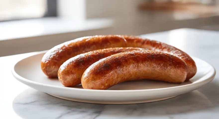 Drei gebratene Salsiccia-Würste liegen auf einem weißen Teller. Sie sind goldbraun und leicht angekohlt, was Appetit auf mehr macht.