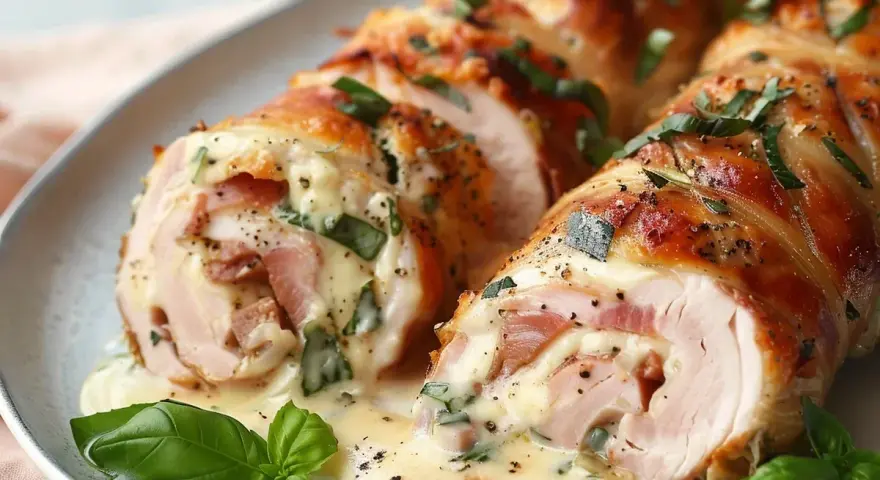 Saftige Involtini im Backofen, gefüllt mit Schinken und Käse, übergossen mit cremiger Sauce und garniert mit frischem Basilikum. Ein köstliches involtini rezept im backofen.