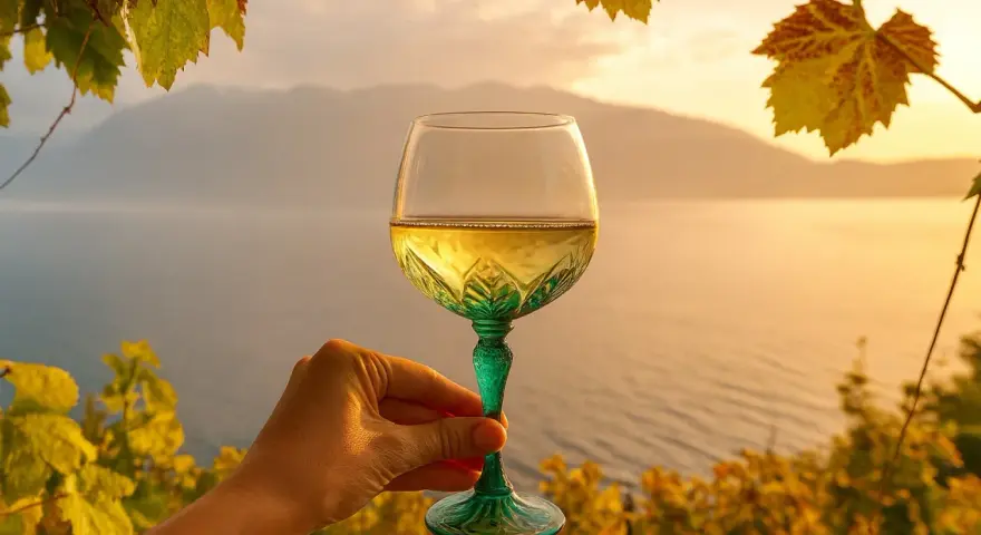 Ein Glas Lugana Wein, dessen Herkunft man schmeckt, vor malerischer Kulisse am See bei Sonnenuntergang.
