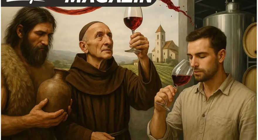 Drei Männer, von der Steinzeit bis heute, verkosten Rotwein. Die Frage "wer hat Wein erfunden" wird hier visuell beleuchtet.