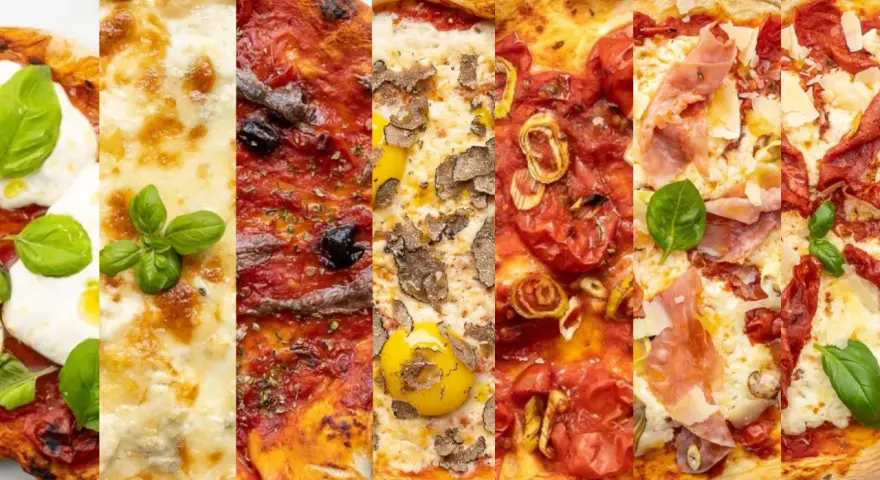 Fünf verschiedene Pizzen mit typisch italienischem Pizzabelag: Mozzarella, Sardellen, Trüffel, Tomaten und Prosciutto.