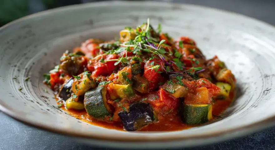 Ein Teller mit geschmorten Auberginen in Tomatensauce, garniert mit frischen Kräutern.