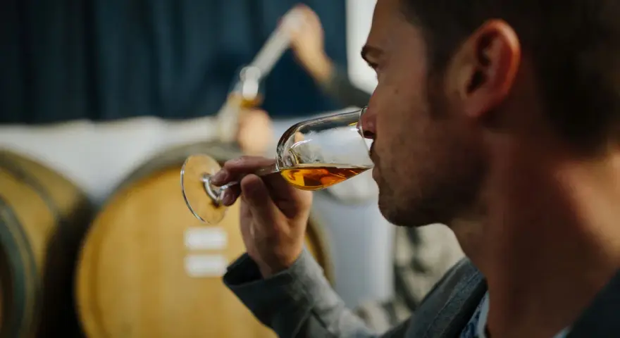 Mann verkostet bernsteinfarbenen italienischen Dessertwein in einem Glas, im Hintergrund Weinfässer.