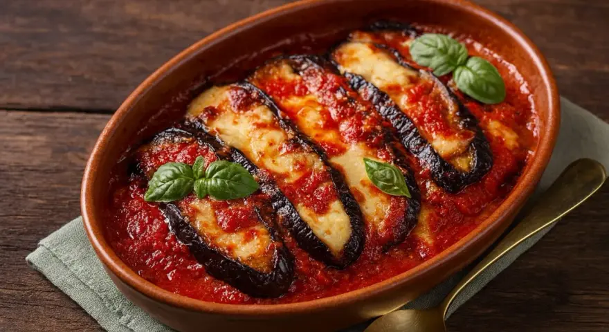 Ein köstlicher Auberginenauflauf mit geschmolzenem Mozzarella und Tomatensauce, garniert mit frischem Basilikum.