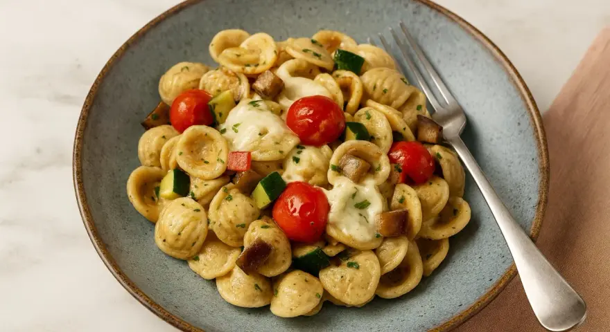 Orecchiette-Nudeln mit Kirschtomaten, Zucchini und geschmolzenem Käse. Die Aussprache von Orecchiette ist "oh-reh-KYET-teh".