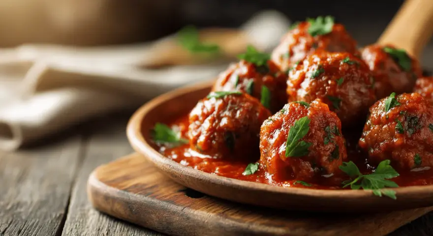 Saftige Polpette in Tomatensauce, garniert mit Petersilie. Ein köstliches polpette rezept, das zum Genießen einlädt.