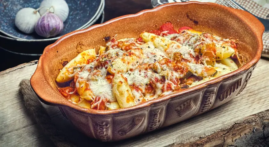 Ein köstlicher italienischer Auflauf mit geschmolzenem Käse und Tomatensauce in einer rustikalen Auflaufform.