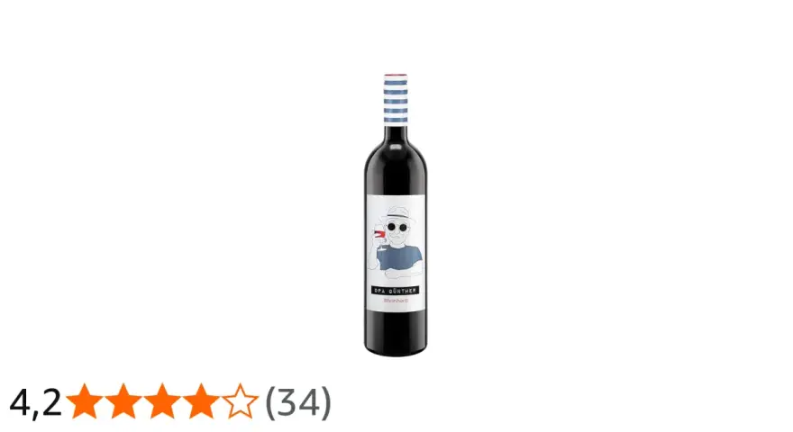Flasche Rotwein mit dem Etikett "Opa Günther #feinherb". Der Wein hat eine Bewertung von 4,2 Sternen.