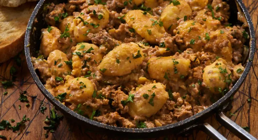 Herzhafte Gnocchi Pfanne mit Hackfleisch und Petersilie, serviert in einer Gusseisenpfanne. Dazu geröstetes Brot.
