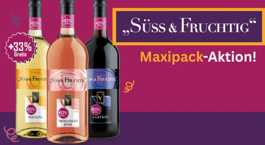 Drei Flaschen Wein: Riesling, Trollinger Rosé und Samtrot. „Süß & Fruchtig“ – Maxipack-Aktion mit +33% Gratis.