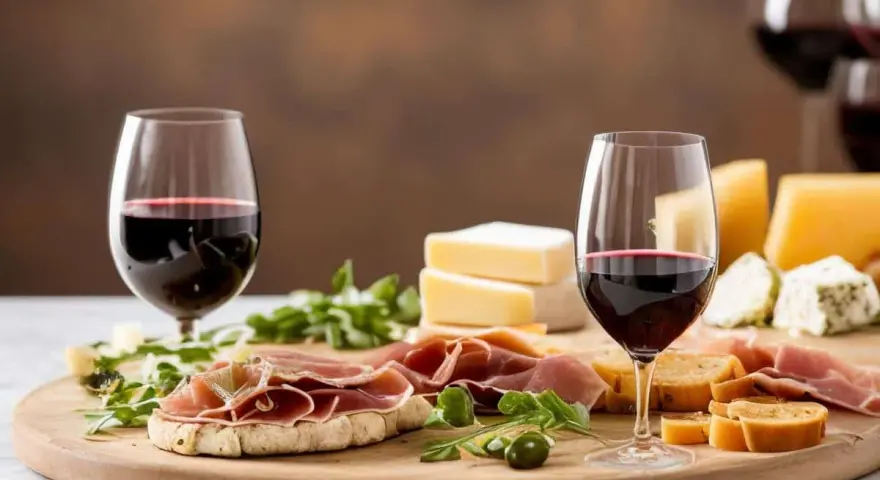 Perfekte Snacks zum Rotwein: Käse, Schinken und Brot auf einem Holzbrett, dazu zwei Gläser Rotwein.