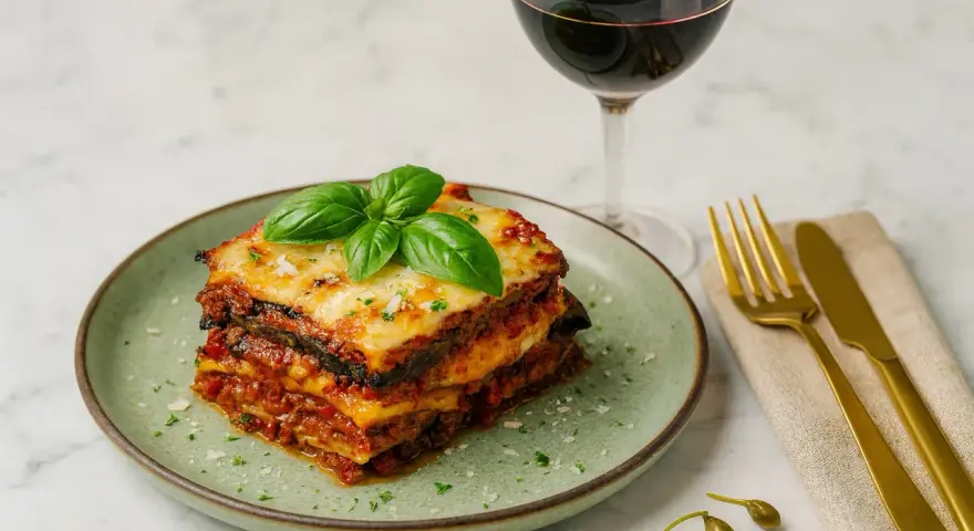 Ein köstlicher Auberginenauflauf italienisch, garniert mit Basilikum, neben einem Glas Rotwein und goldenem Besteck.