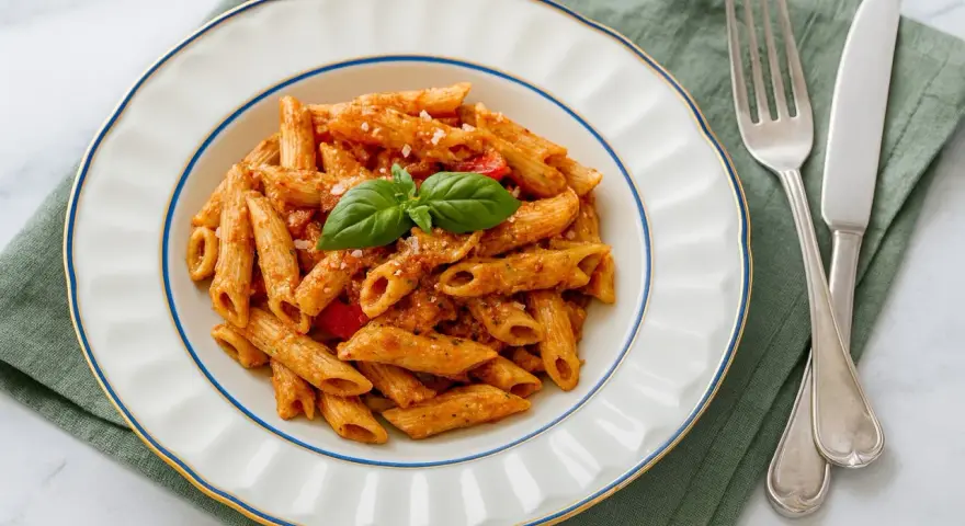 Penne mit cremigem Pesto Rosso, garniert mit Basilikum und Parmesan. Ein köstliches Gericht, das Lust auf mehr macht.