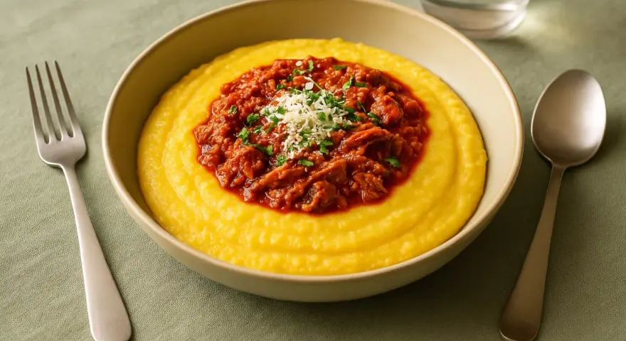 Herzhafte Polenta Taragna mit deftigem Ragout und Parmesan. Ein Genuss für jeden Gaumen.