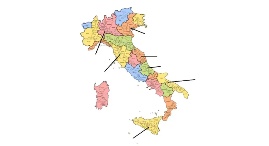 Karte Italiens mit farblich markierten Regionen, die die Vielfalt der weinanbaugebiete italien zeigt.