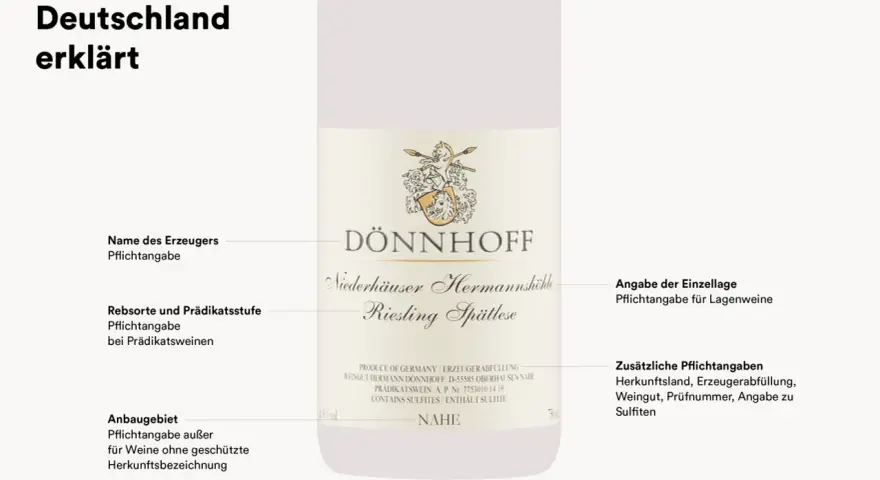 Erklärung deutscher Weinetiketten: DÖNNHOFF Riesling Spätlese, Niederhäuser Hermannshöhle. Hier lernt man, wie man ein Weinetikett lesen kann.