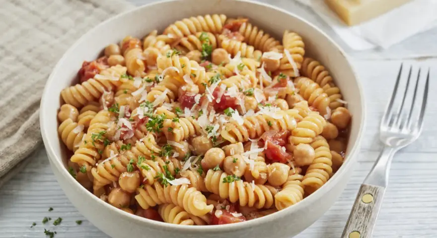 Eine Schüssel Fusilli-Nudeln mit Kichererbsen, Tomaten und Parmesan, garniert mit Petersilie.