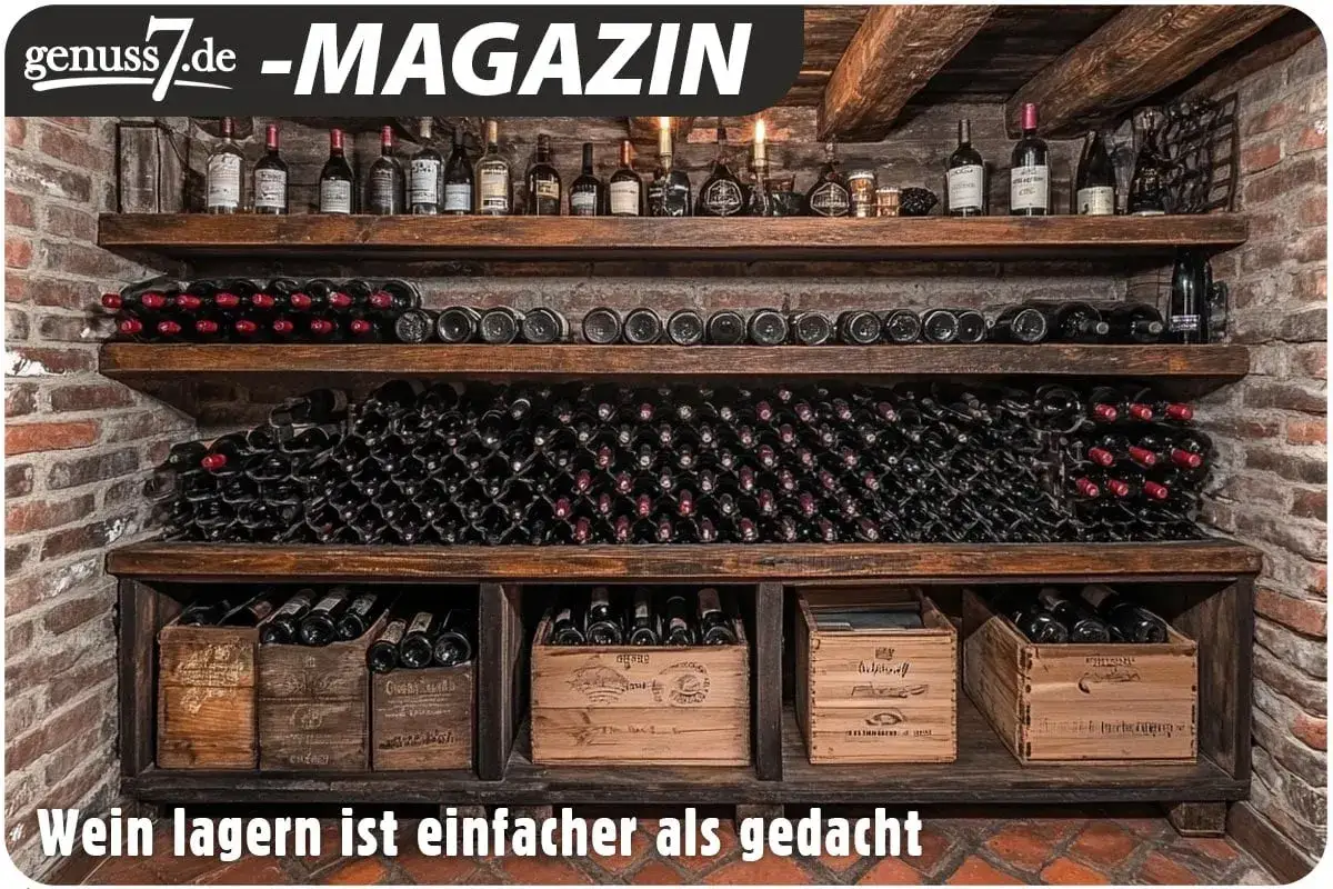 Weinlager mit vielen Flaschen in Holzkisten und Regalen. Die Frage, wie lange kann man Wein lagern, wird hier visuell beantwortet.