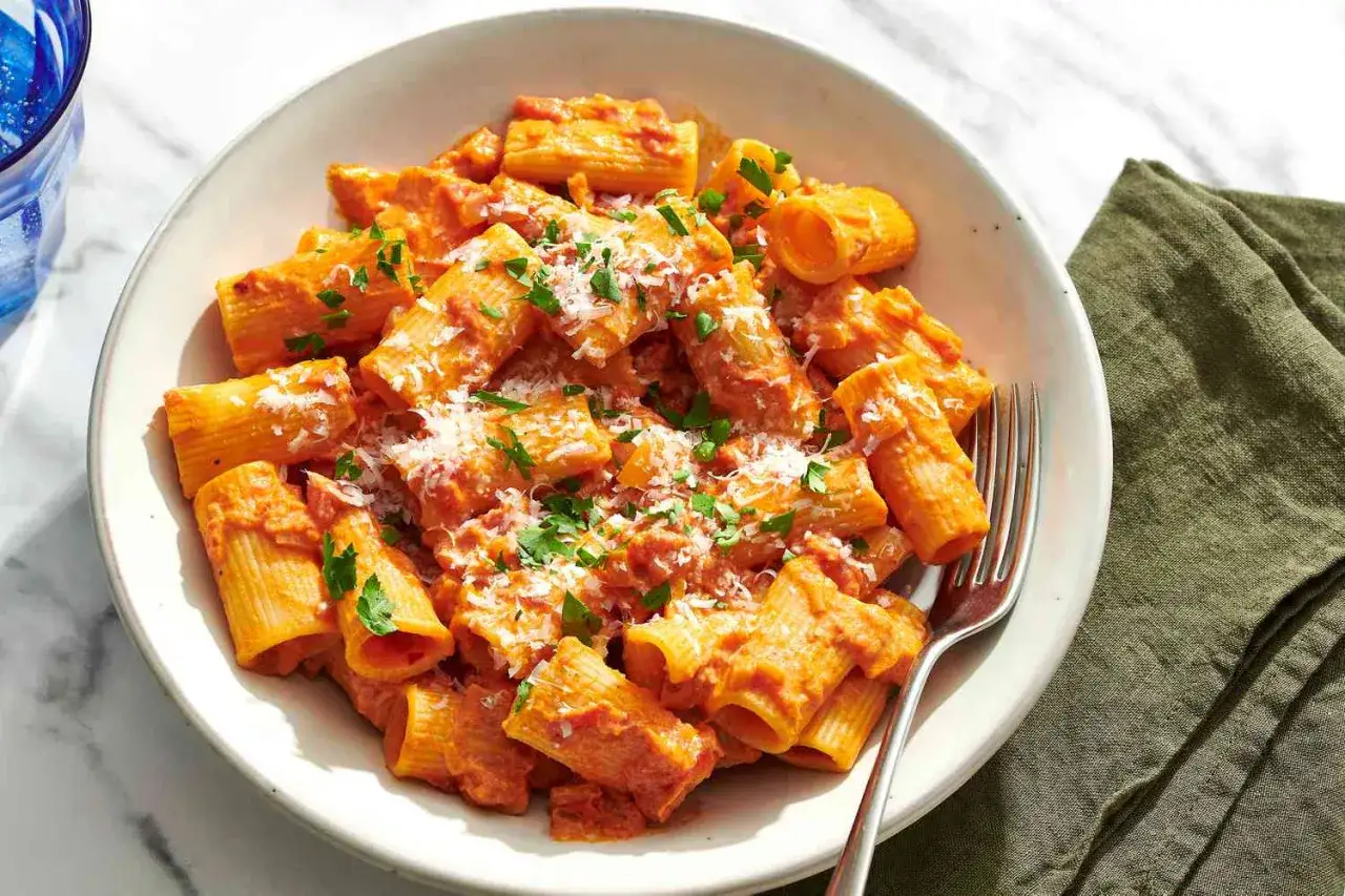 Ein Teller mit Rigatoni mit Tomatensauce, garniert mit Parmesan und Petersilie.