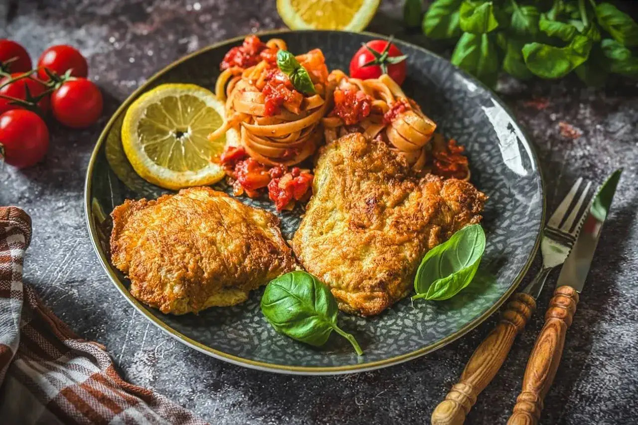Zwei goldbraune Schnitzel, serviert mit Pasta in Tomatensauce, Zitrone und frischem Basilikum. Ein köstliches Gericht, das an Piccata erinnert.