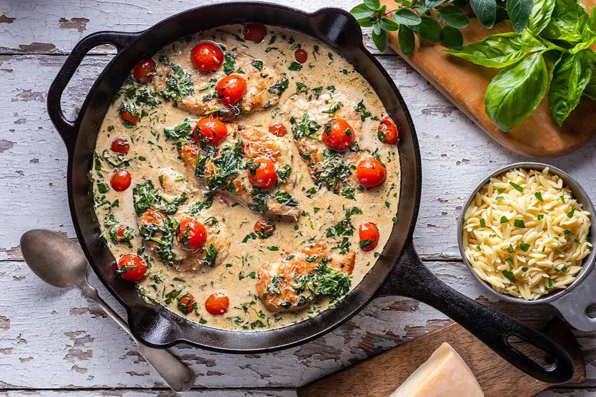 H&auml;hnchenbrust in cremiger Sauce mit Kirschtomaten und Spinat, inspiriert von italienischen huhn rezepte. Dazu Orzo-Nudeln und Parmesan.