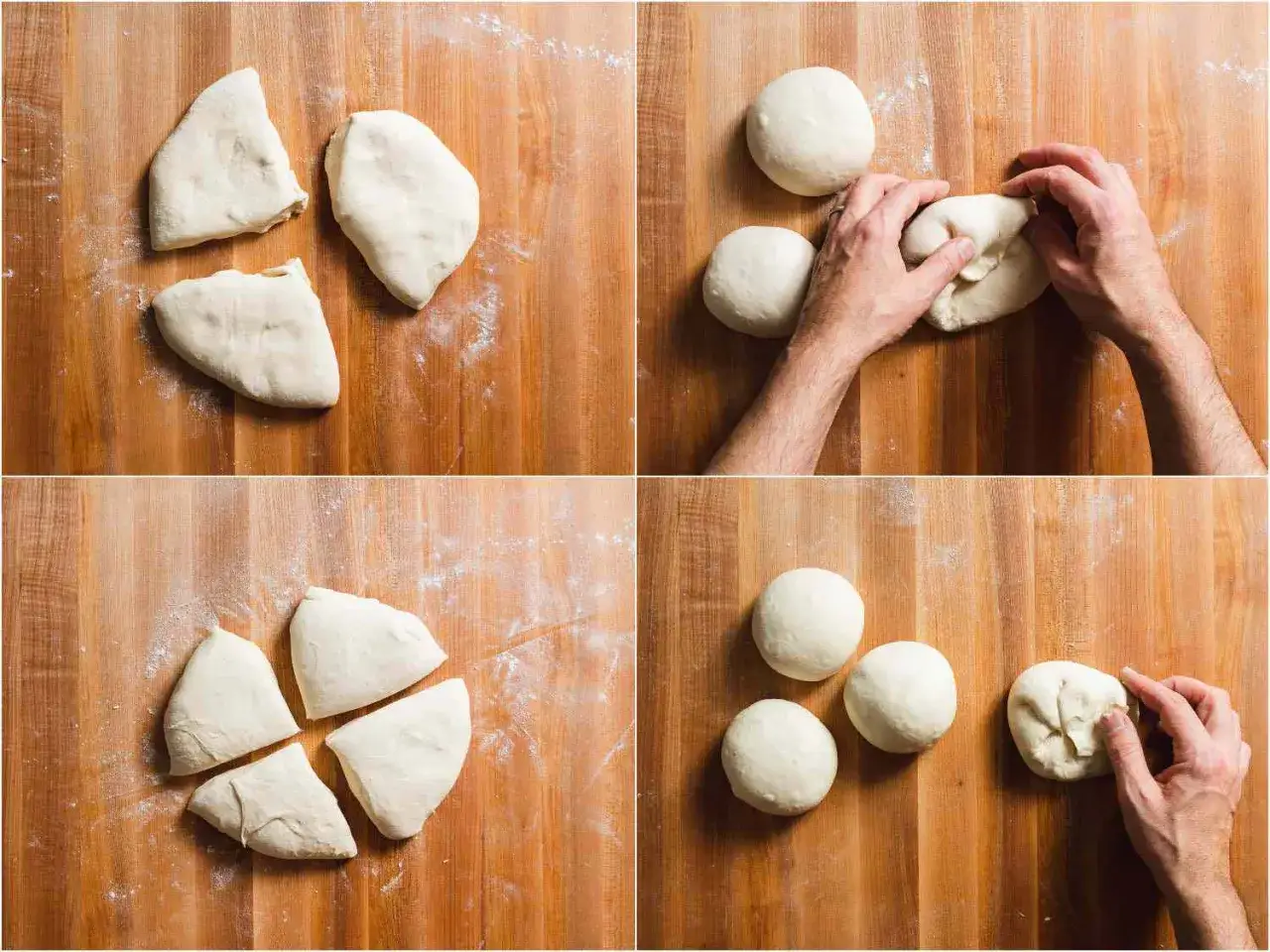 Vier Schritte zur perfekten Pizza: Teig portionieren, zu Kugeln formen und mit Hefe gehen lassen.