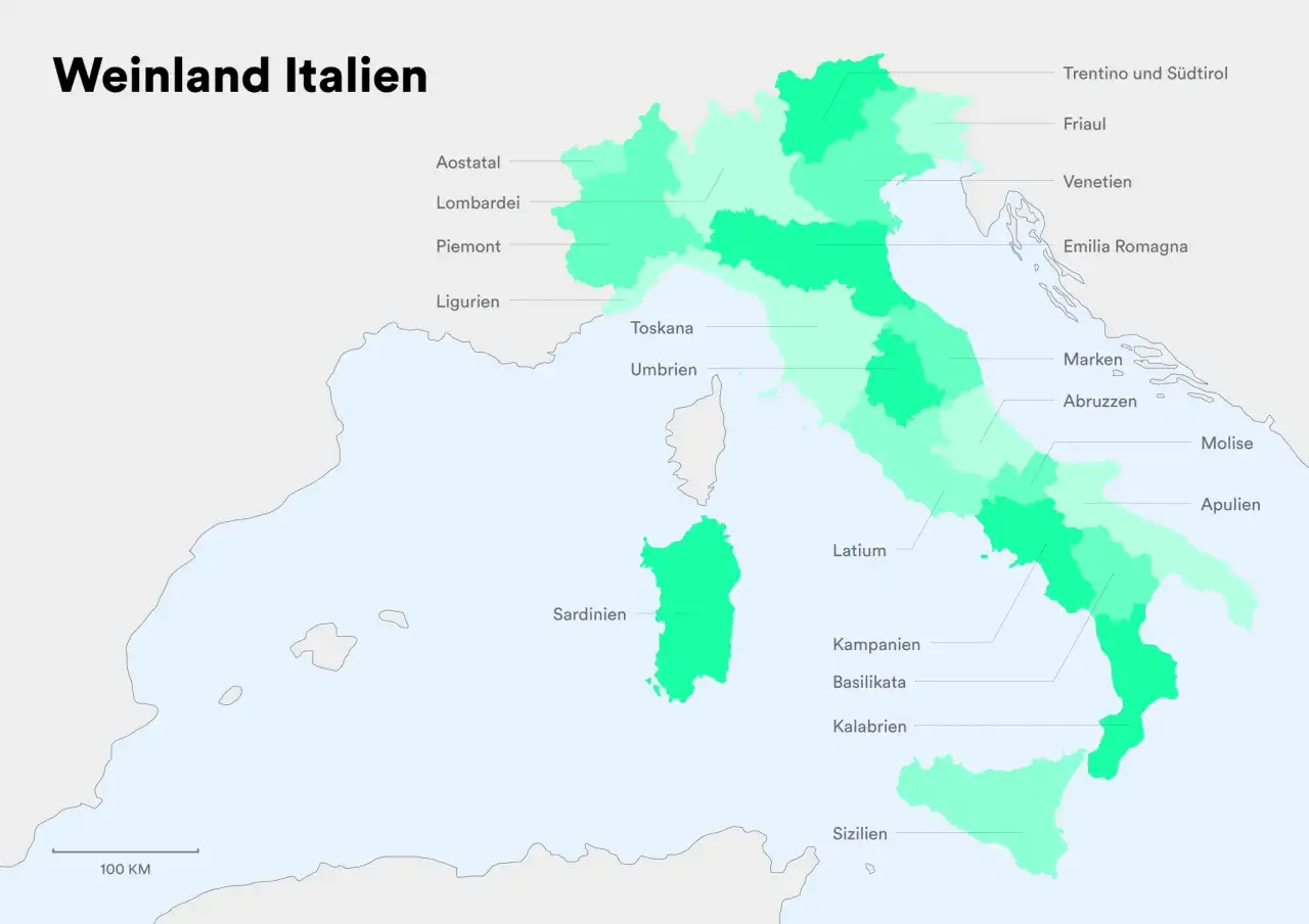 Karte von Italien, die Weinregionen in verschiedenen Gr&uuml;nt&ouml;nen zeigt. Jede Region ist beschriftet, z.B. Toskana, Apulien. Eine italienische Weinsorte stammt oft aus diesen Gebieten.
