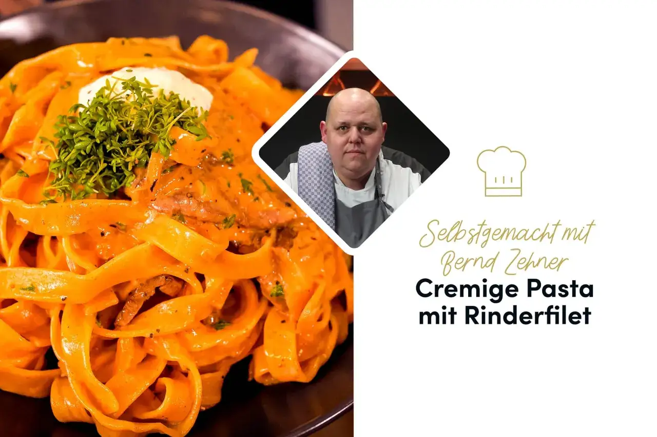 Cremige Pasta mit Rinderfiletstreifen, garniert mit Kresse. Bernd Zehner pr&auml;sentiert sein Gericht.