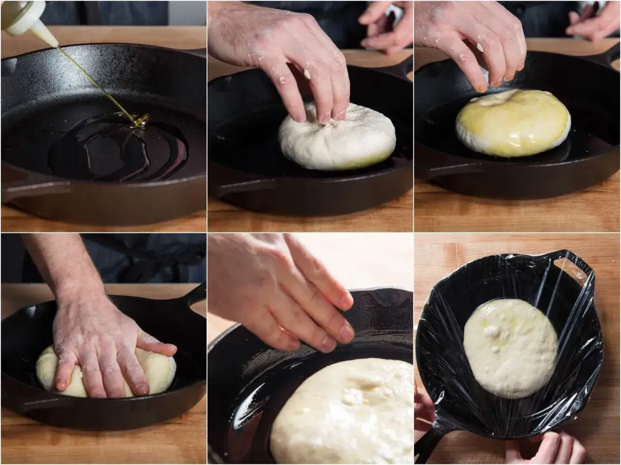 Pizzateig für 4 Personen wird in einer Gusseisenpfanne vorbereitet: Öl wird hinzugefügt, der Teig wird platziert, geknetet und mit Folie abgedeckt.