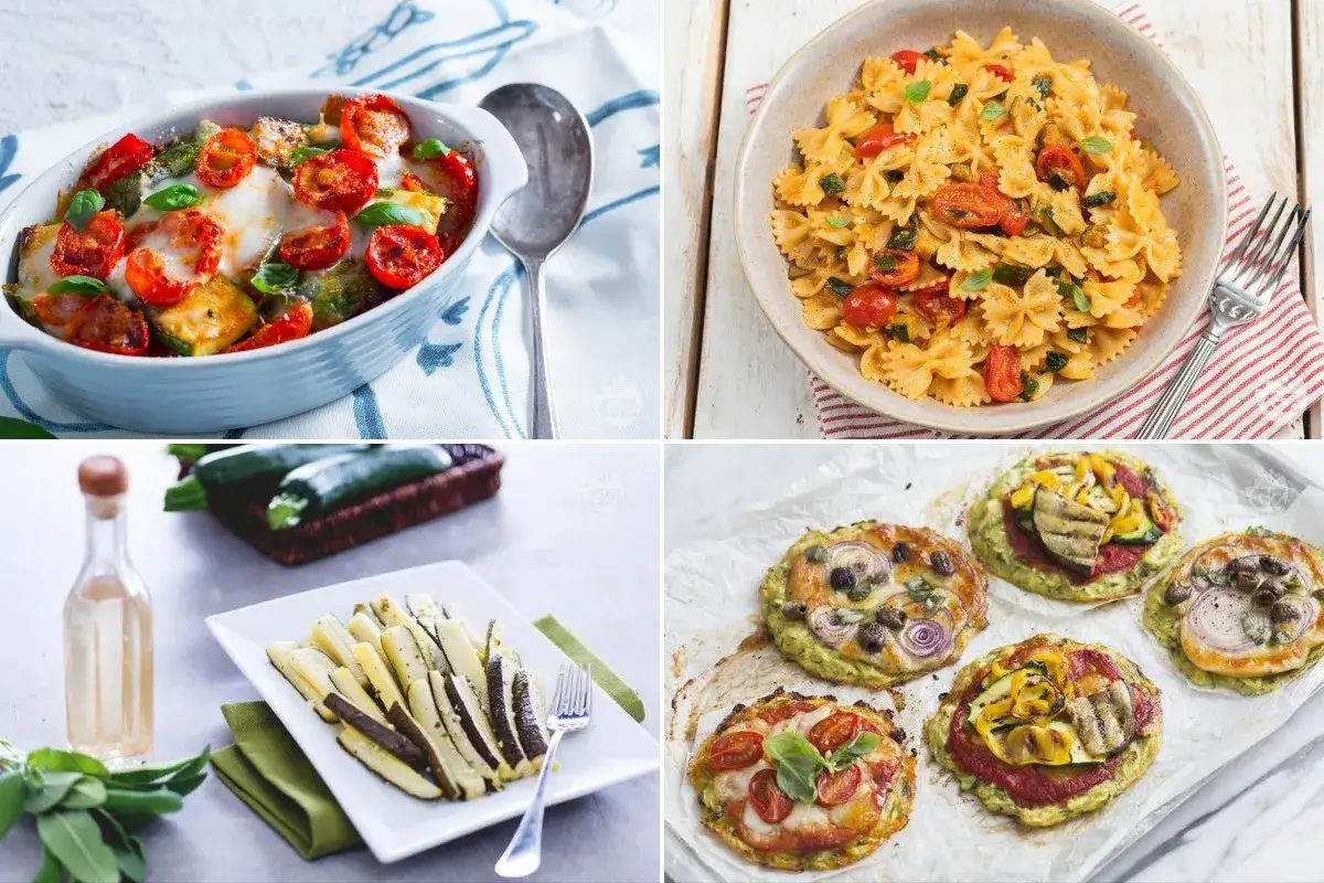 Vier leckere zucchini rezepte: Auflauf, Pasta, gebratene Zucchini-Sticks und Mini-Zucchini-Pizzen.